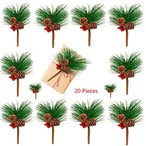Dofilachy 20pcs Artificial Pine Picks Small Artificial Pine Tree for Christmas Flower Arrangements Wreaths and Holiday Decorations