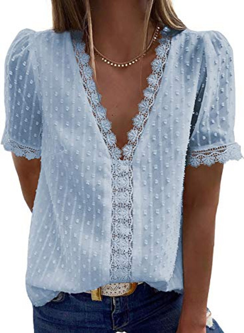 Astylish Womens Chiffon Blouse Swiss Dot Casual Short Sleeve V Neck Pom Pom Shirts Tops Sky Blue Medium