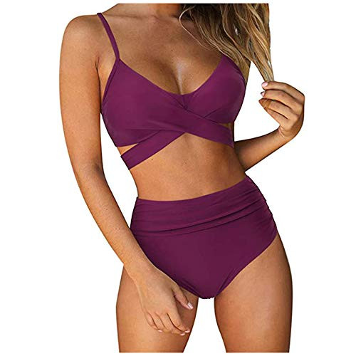 Women's Teen Cross Wrap Bandage Swimsuit Halter High Waisted Bikini Set Bathing Suits Two Pieces Swimwear -Purple- XL-