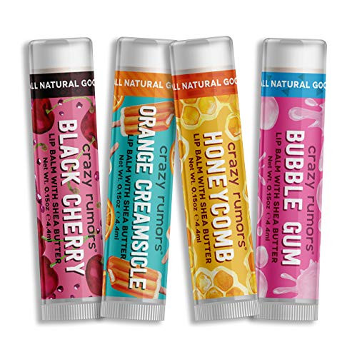 Crazy Rumors Lip Balm 4-Pack- Black Cherry- Orange Creamsicle- Honeycomb and Bubble Gum. 100 percent Natural- Vegan- Plant-Based- Made in USA.