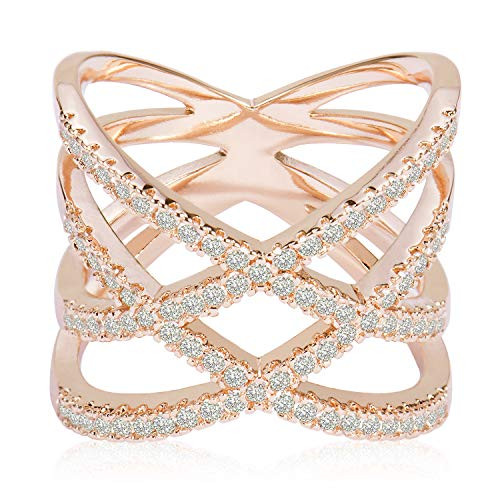 Rose Gold Double Criss Cross Ring CZ Pave Crossover Fashion Band Size 6 7 8 9 -8.5-