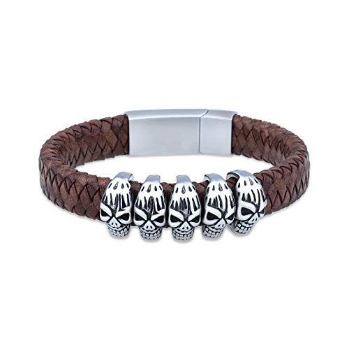 QGoliver Braided Leather Bracelet for Men - Gothic Skull Bracelet Charms Stainless Steel Wristband Cowhide Cuff Bangle Bracelets for Women