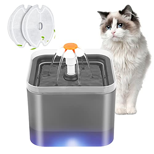Cat Water Fountain- 67oz/2L Automatic Pet Water Fountain 2021 Upgraded Dog Cat Water Dispenser Ultra Quiet Cat Drinking Fountains LED Light with 2 Replacement Filters for Cats Dogs Multiple Pet -Grey-