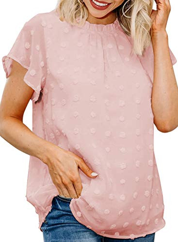 HOTAPEI Womens Summer Casual Flare Sleeve Chiffon Round Neck Blouse Swiss Dot Pom Pom Tops Pink XX-Large 18 20