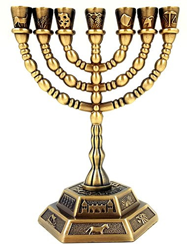 TALISMAN4U Antique Brass Temple Menorah 7 Branch Candle Holder 12 Tribes of Israel Hexagonal Base Holy Land Gift 5 Inch Height