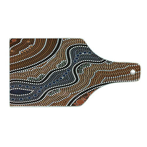 Lunarable Art Cutting Board- Aboriginal Culture Inspired Abstract Nature Scene Native Australian Illustration- Tempered Glass Serving Board- Wine Bottle Shape- Medium Size- Orange Brown