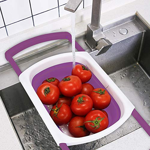 Kitchen Collapsible Colander?2020 New Version?Colander Strainer Over The Sink Vegetable/Fruit Colanders Strainers With Extendable Handles- Folding Strainer for Kitchen -white and purple-