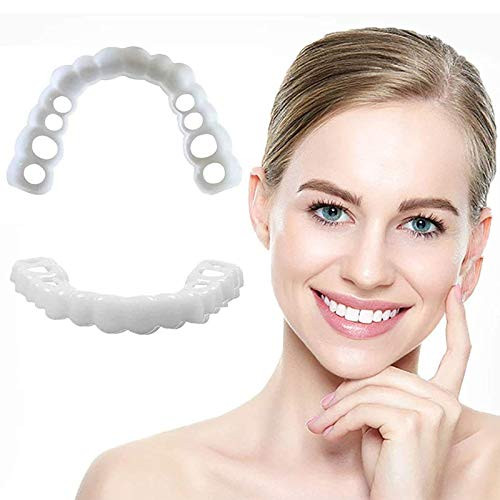 2 Pairs Fake Teeth Snap on Veneers Smile- Perfect Veneers Smile- Top and Bottom Comfort Fit Flexible Teeth- Instants Veneers Dentures Fake Teeth Smile Denture Teeth Gift