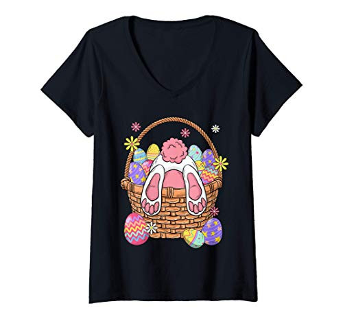 Womens Happy Easter Bunny With Easter Eggs Basket gifts Mens Womens V-Neck T-Shirt