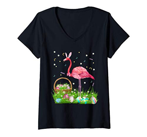 Womens Flamingo Easter Day Bunny Ear Costume With Easter Basket Egg V-Neck T-Shirt
