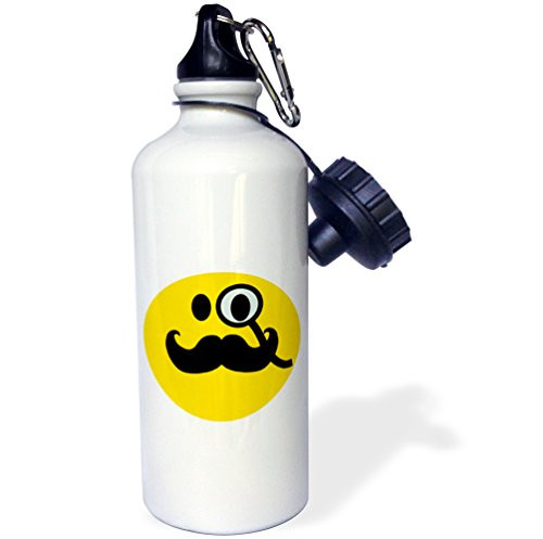 3dRose wb_113094_1"Fancy smiley face with black mustache and monocle yellow funny hipster smilie british gentleman" Sports Water Bottle, 21 oz, White