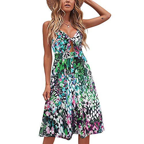 QINFUNI Women Summer Dresses Sexy Tie Front V-Neck Spaghetti Strap A-Line Dress Beach Boho Casual Midi Dress-A-Purple-M-