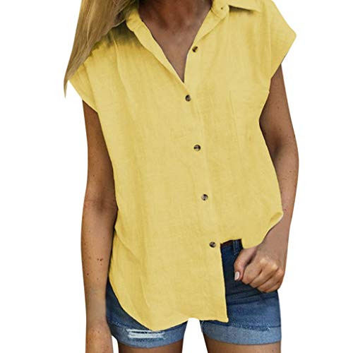 Short Sleeve Tee Blouse for Women-Amiley Women's Cotton Linen Solid Button-Down Shirts Lapel Pocket Short Sleeve T-Shirt Tops -Large- Yellow-