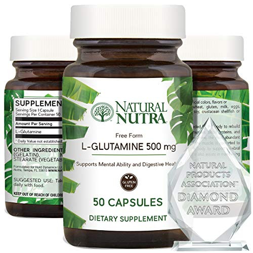 Natural Nutra L Glutamine 500 mg Capsules- BCAAs Amino Acids Supplement- Essential Muscle Builder- Recovery and Repair- Supports Memory- Focus- Brain and Gastrointestinal Health- 50 Capsules