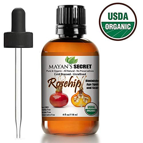 Rosehip Seed Oil by Mayan's Secret USDA Certified Organic- Cold Pressed- Unrefined. Reduce Acne Scars. Essential Oil for Face- Nails- Hair- Skin. Therapeutic AAAPlus Grade