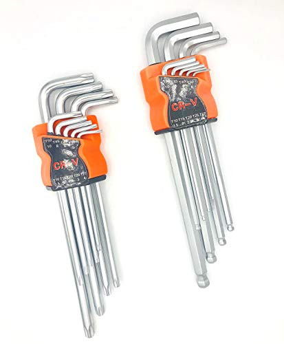 WLine 18Pcs Hex Key Wrench Set, 9Pcs Star T10 - T50, 9Pcs Metric 1.5-10mm, Star Long Arm Ball End Hex Key Set Tools.