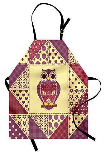 Ambesonne Owl Apron- Vintage Inspired Owl Pattern Invisible to Prey Nocturnal Mimicking Predator- Unisex Kitchen Bib with Adjustable Neck for Cooking Gardening- Adult Size- Purple Yellow