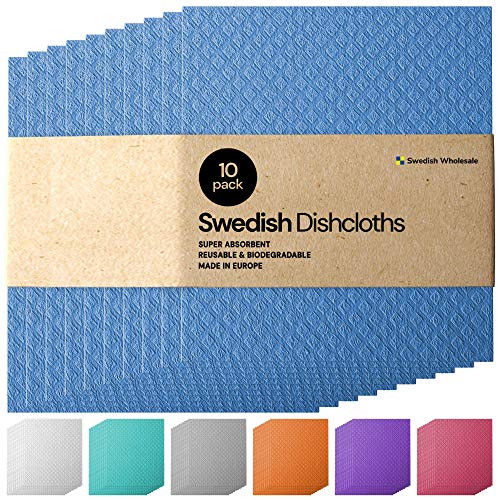 Swedish Dishcloth Cellulose Sponge Cloths - Bulk 10 Pack of Eco-Friendly No Odor Reusable Cleaning Cloths for Kitchen - Absorbent Dish Cloth Hand Towel -10 Dishcloths - Blue-