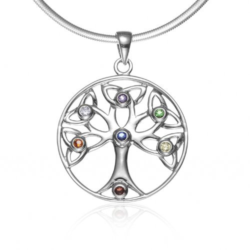 925 Sterling Silver Celtic Knot Trinty Tree of Life Seven -7- Chakras Pendant Necklace- 18 inches