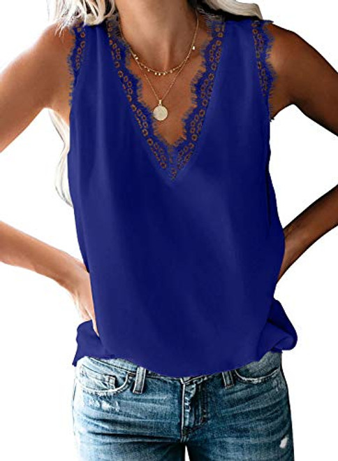 BLENCOT Women Ladies Sexy V Neck Lace Trim Tank Tops Casual Loose Sleeveless Blouse Shirts Work Blue XL