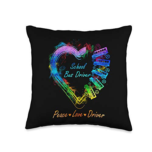 School Bus Yellow Bus Driver Driving Designs School Bus Peace Love Driver Colorful Heart Gifts Throw Pillow- 16x16- Multicolor