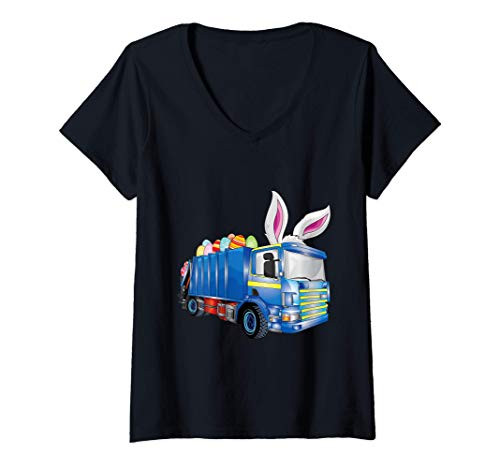 Womens Easter Egg Garbage Truck Shirts Men Boys Easter Bunny Basket V-Neck T-Shirt