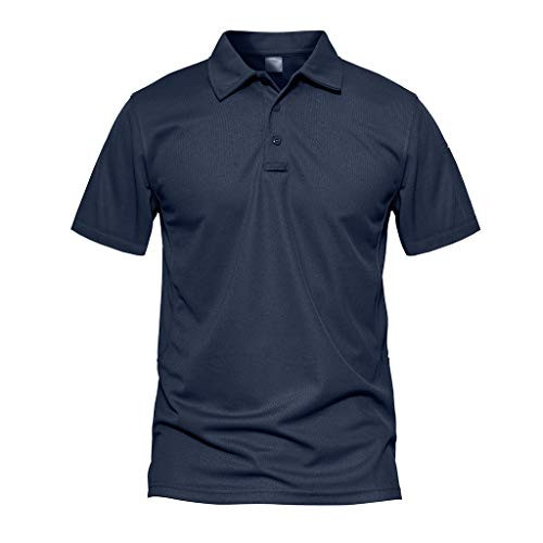CRYSULLY Men's Turn-Down Collar Tactical T-Shirt Short Sleeve Tee Shirt Military Polo Shirt Navy Blue