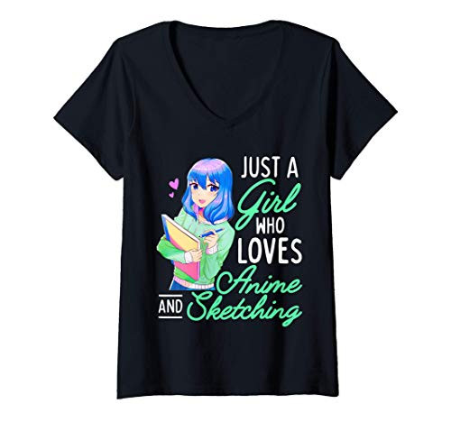 Womens Anime and Sketching Just a Girl Who Loves Anime Drawing V-Neck T-Shirt Womens Anime and Sketching Just a Girl Who Loves Anime Drawing V-Neck T-Shirt