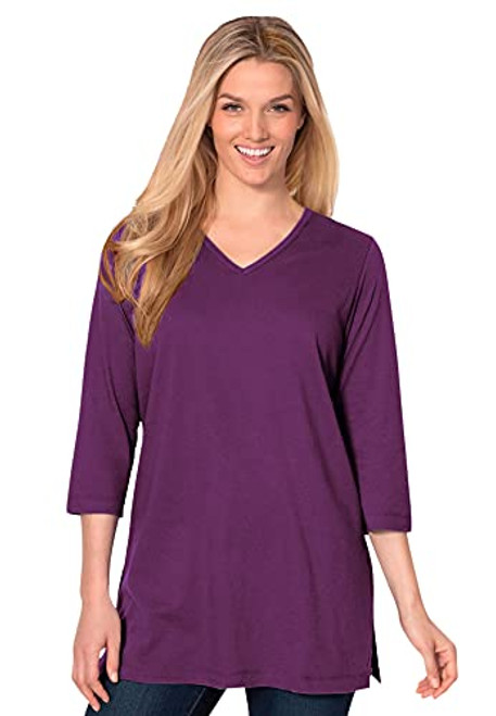 Woman Within Women's Plus Size Perfect Three-Quarter Sleeve V-Neck Tunic - M- Plum Purple