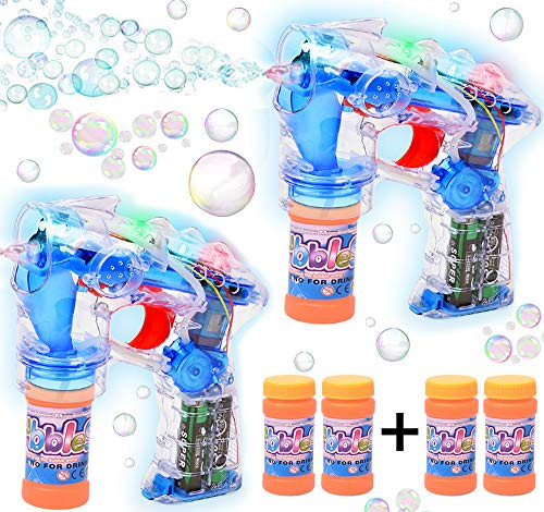 Haktoys 2-Pack Transparent Bubble Shooter Gun | Ready to Play Light Up Blower with LED Flashing Lights- Extra Bottle- Bubble Blaster Toy for Toddlers- Kids- Parties -Sound-Free- Batteries Included-