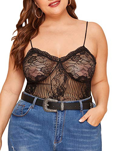 SOLY HUX Women's Plus Size Sheer Lace Spaghetti Strap Cami Top Camisole Black 3XL