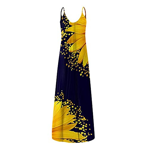 Maxi Dress-Women's Casual Loose Pocket Long Dress Sleeveless Summer Beach Dress Maxi Dresses Yellow