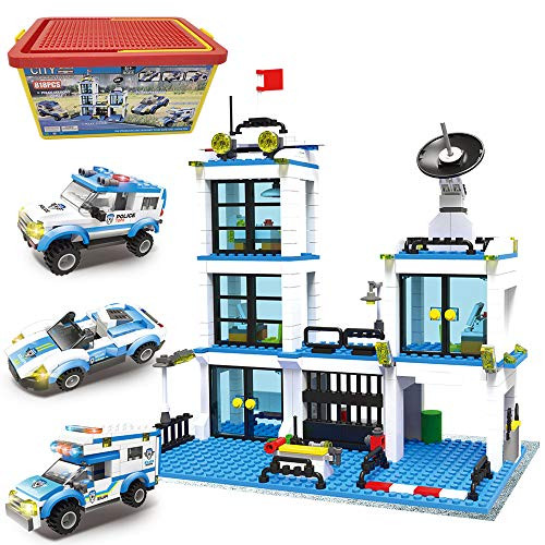 738 Pieces City Police Station Building Blocks Set-Police Car Toy with Patrol Car Prison Van Police SUV-Building Toy Set with Storage Box of Baseplate Lid- STEM Educational Toy for Kids 6-12-Blue-