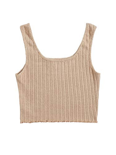 Romwe Women's Ribbed Kint Scoop Neck Sleeveless Cropped Tank Top Khaki L