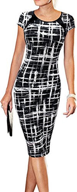 LunaJany Women's Short Sleeve Striped Work Casual Business Church Midi Dress Large Black