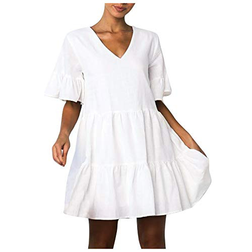 Sinifer Womens Cute Shift Dress with Pockets Fully Lined Bell Sleeve Ruffle Hem V Neck Solid Color Loose Swing Tunic Mini Dress Short Sleeve Swing Casual T-Shirt Babydoll Short Dress-White XL-
