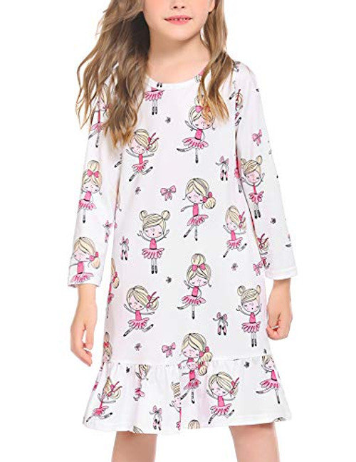 Arshiner Long Sleeve Nightgowns for Girls Cartoon Sleepwear Nighty Pajama Dress White 6X