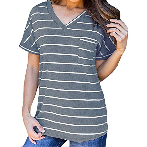 Tops for Women T-Shirts V Neck Striped Short Sleeve Tops with Pocket Summer Casual Tunic Loose Cozy Tee Blouse