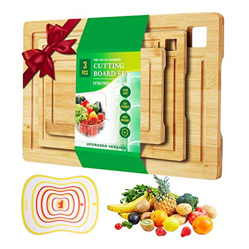 3 Piece Bamboo Cutting Board Juice Grooves for Kitchen with Handle Serving Tray Reversible Chopping Board Carving Board