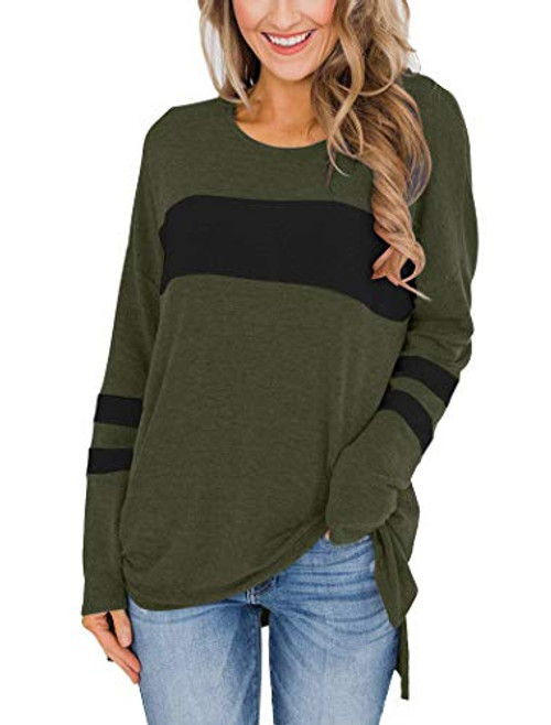 Hilltichu Womens Color Block Long Sleeve Shirt Pullover Round Neck Side Split High Low Tunic Tops -X-Large- Olive  and  Black-