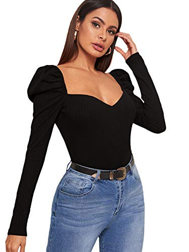 WDIRARA Women's Sweetheart Neck Puff Long Sleeve Slim Fit Elegant Top Blouse Black S