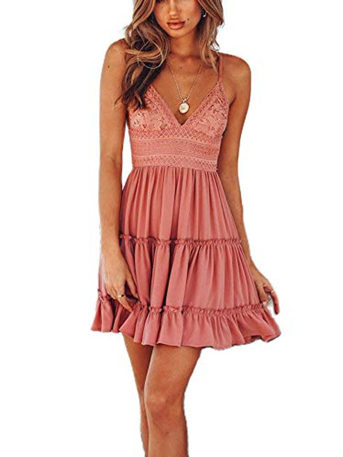 REDWOON Womens Sexy Lace Mini Swing Skater Dress V-Neck Sleeveless Hem Backless Short Beach Party Club Dresses -6 Pink- S- REDWOON Womens Sexy Lace Mini Swing Skater Dress V-Neck Sleeveless Hem Backless Short Beach Party Club Dresses -6 Pink- S-