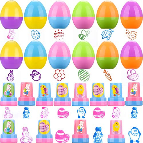 Zhanmai 24 Pieces Easter Eggs and Bunnies Stamps Assorted Stamps Kids Plastic Stamps for Easter Eggs Hunt, Easter Basket Stuffer and Party Gifts