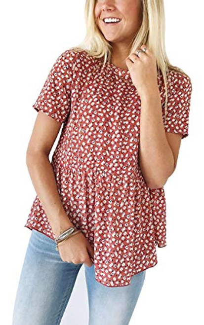 Hibluco Women's Summer Top Short Sleeve Round Neck Floral Print Swing Tunic Blouse Red