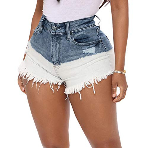 Yyibsones Women's Shorts High Waist Stretchy Frayed Raw Hem Ripped Denim Jean Shorts -Blue- XX-Large-