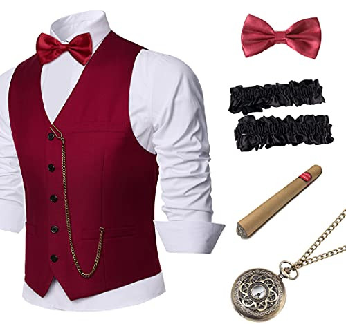 BABEYOND 1920s Mens Gatsby Gangster Vest Fedora Hat Armbands Costume Accessories Set -A-Winered- M-