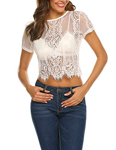 SoTeer Lace Crop Top for Women Round Neck Lace Blouses Short Sleeve See Through Crop Top -XX-Large- White- xx_l-