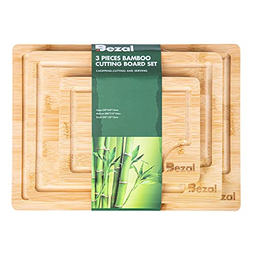 Bezal - Bamboo Cutting Board Set of 3 with Deep Juice Grooves- Organic Chopping Board for Meats and Vegetables- Cheese Board and Serving Tray