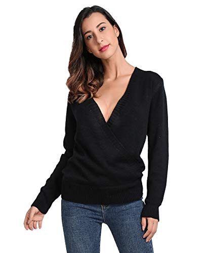 JTANIB Women's Deep V-Neck Sexy Knitted Sweater Long Sleeve Wrap Front Loose Pullover Jumper Tops- Black M