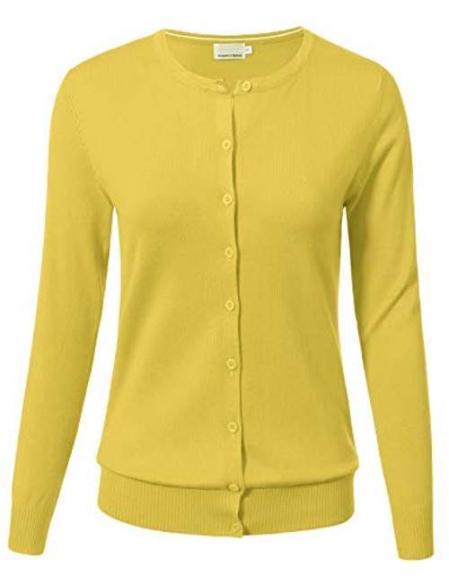 Allsense Women Button Down Long Sleeve Crewneck Soft Knit Cardigan Sweater M Yellow